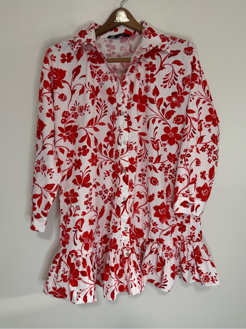 Zara Red & White Floral Button-Front Ruffle Hem mini Dress size large